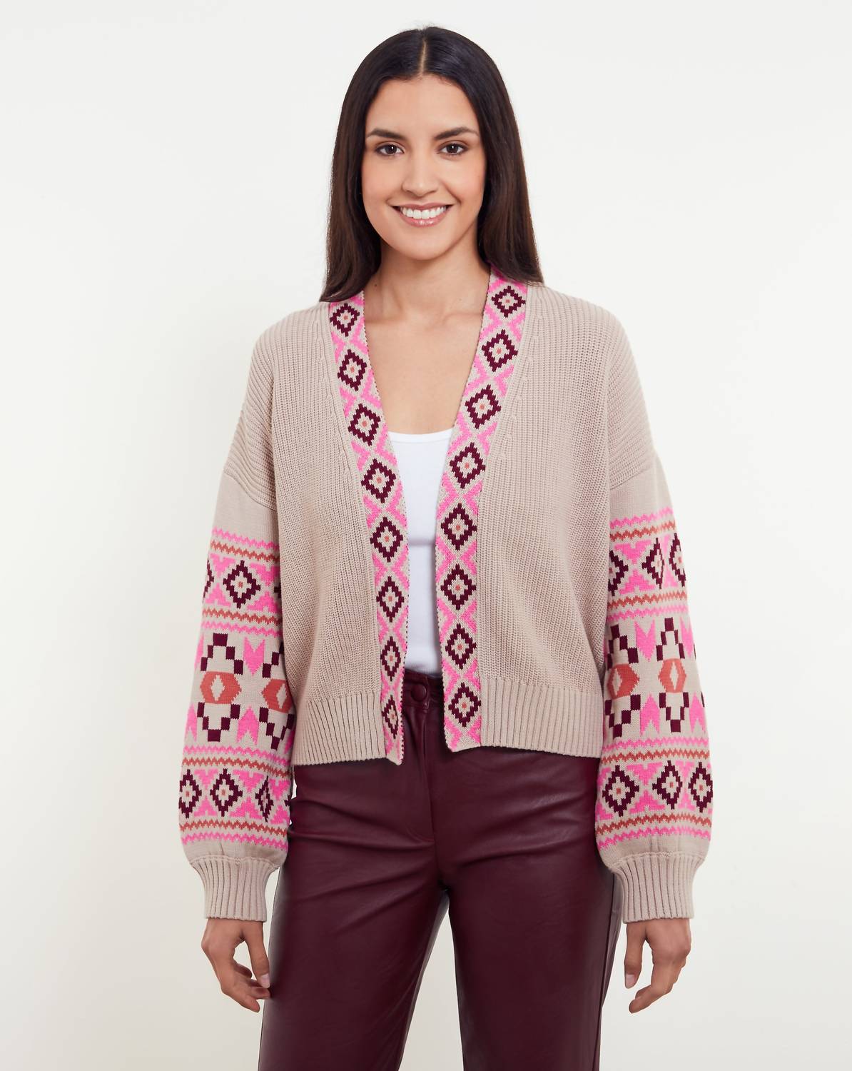 &Isla Thea Aztec Edge To Edge Cardi Top in latte multi - women's sweater