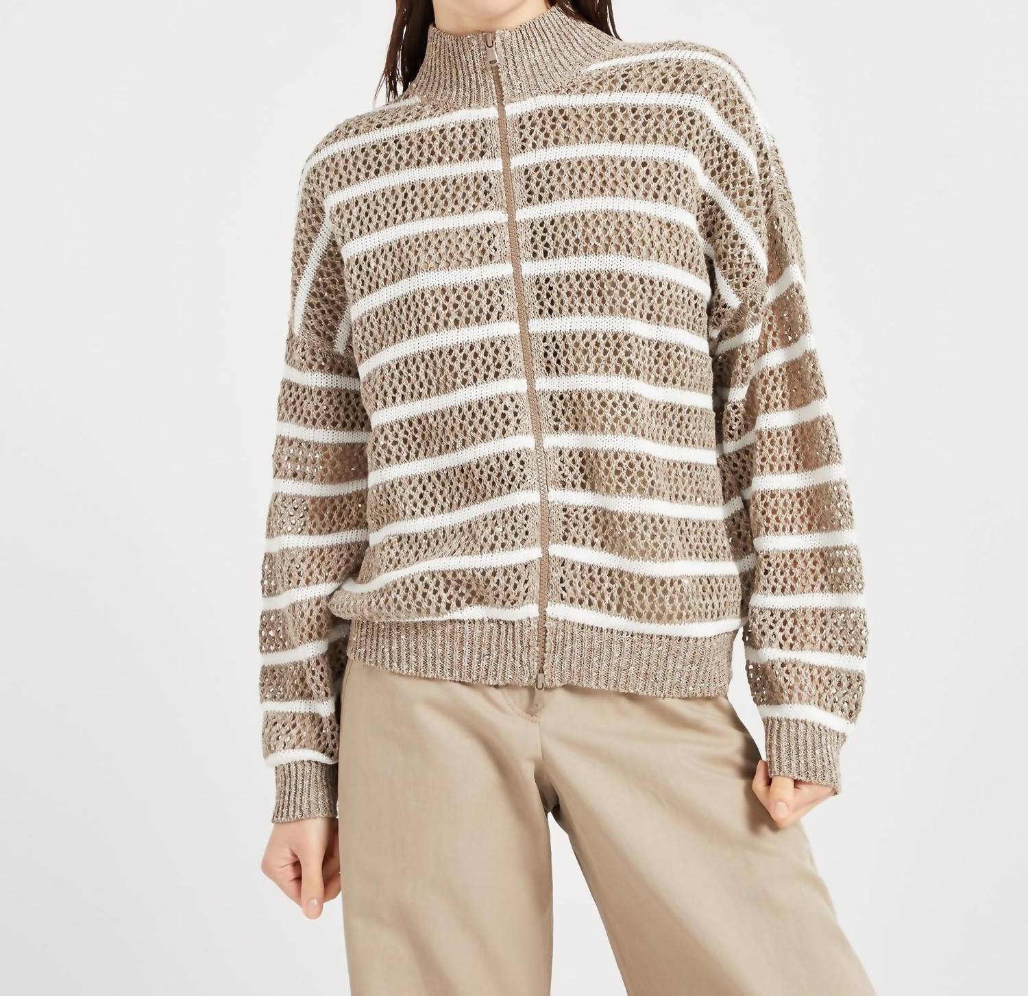 Brunello Cucinelli - Striped Linen Zip-up Sweater