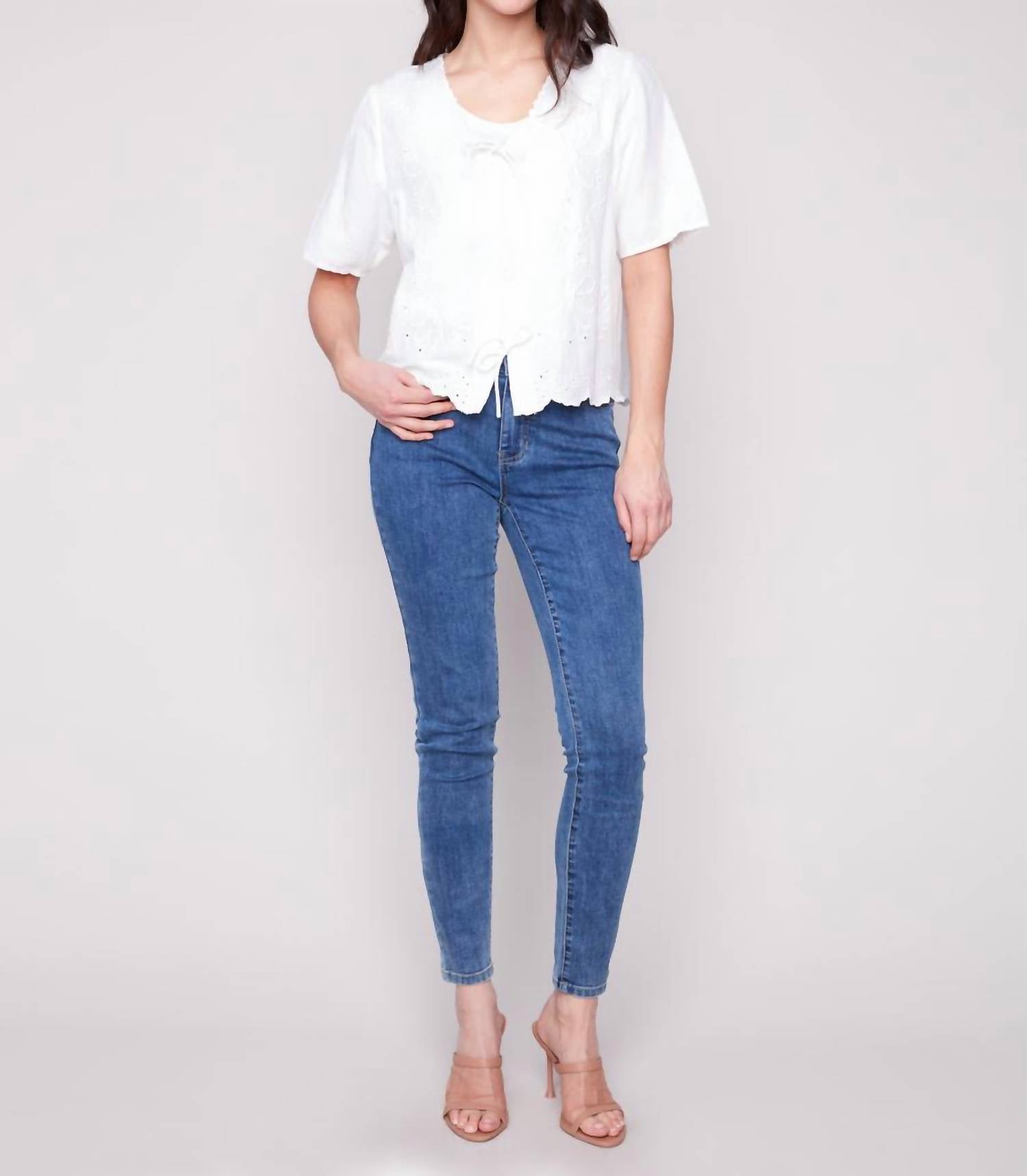 Charlie B - Elbow Sleeve V-neck Embroidered Blouse