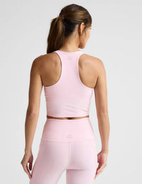 BEYOND YOGA Spacedye Intensity Racerback Cropped Tank Top in frosty pink heather - women's tank top - detail view
