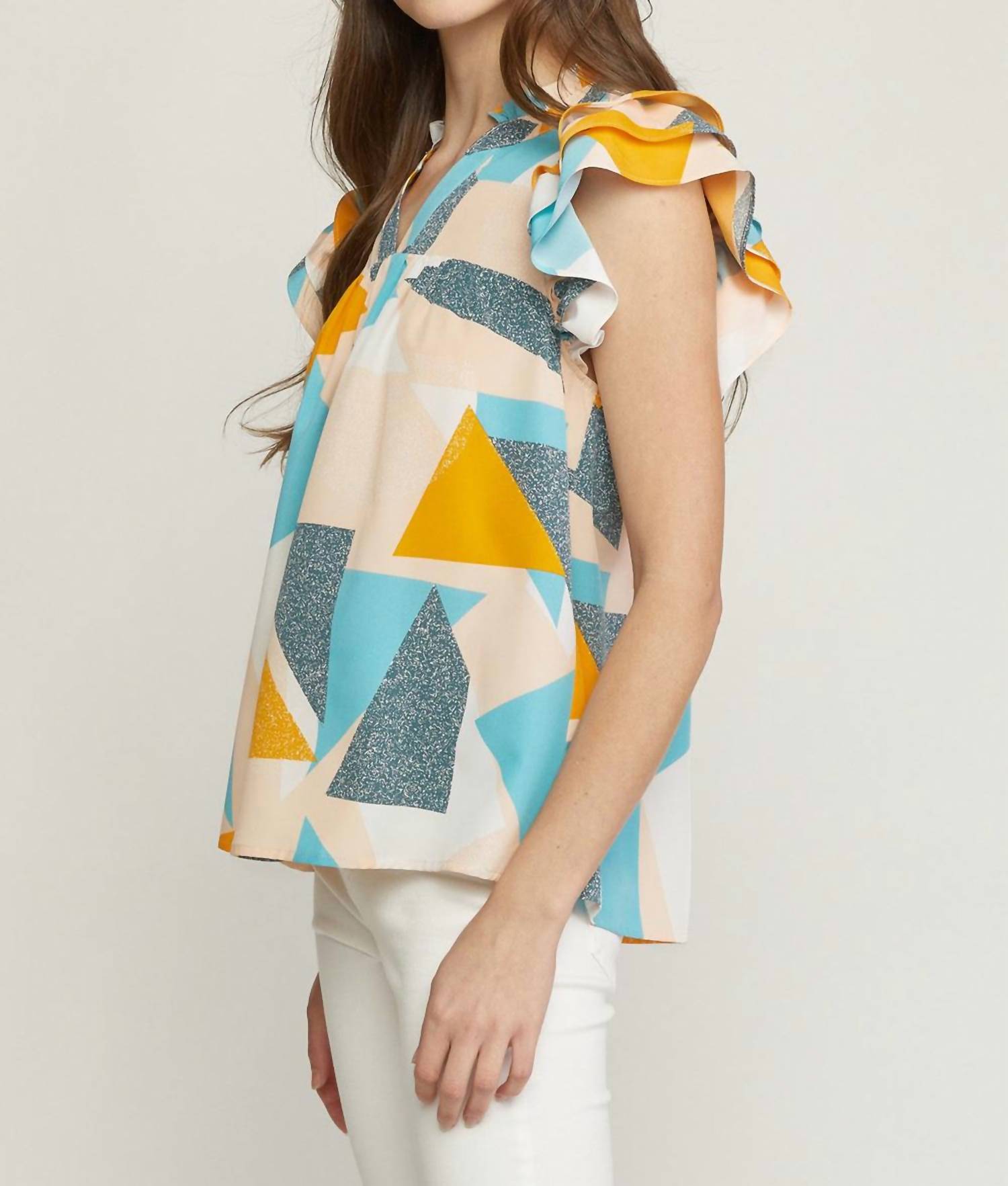 Entro - Geometric Ruffle Sleeve Top