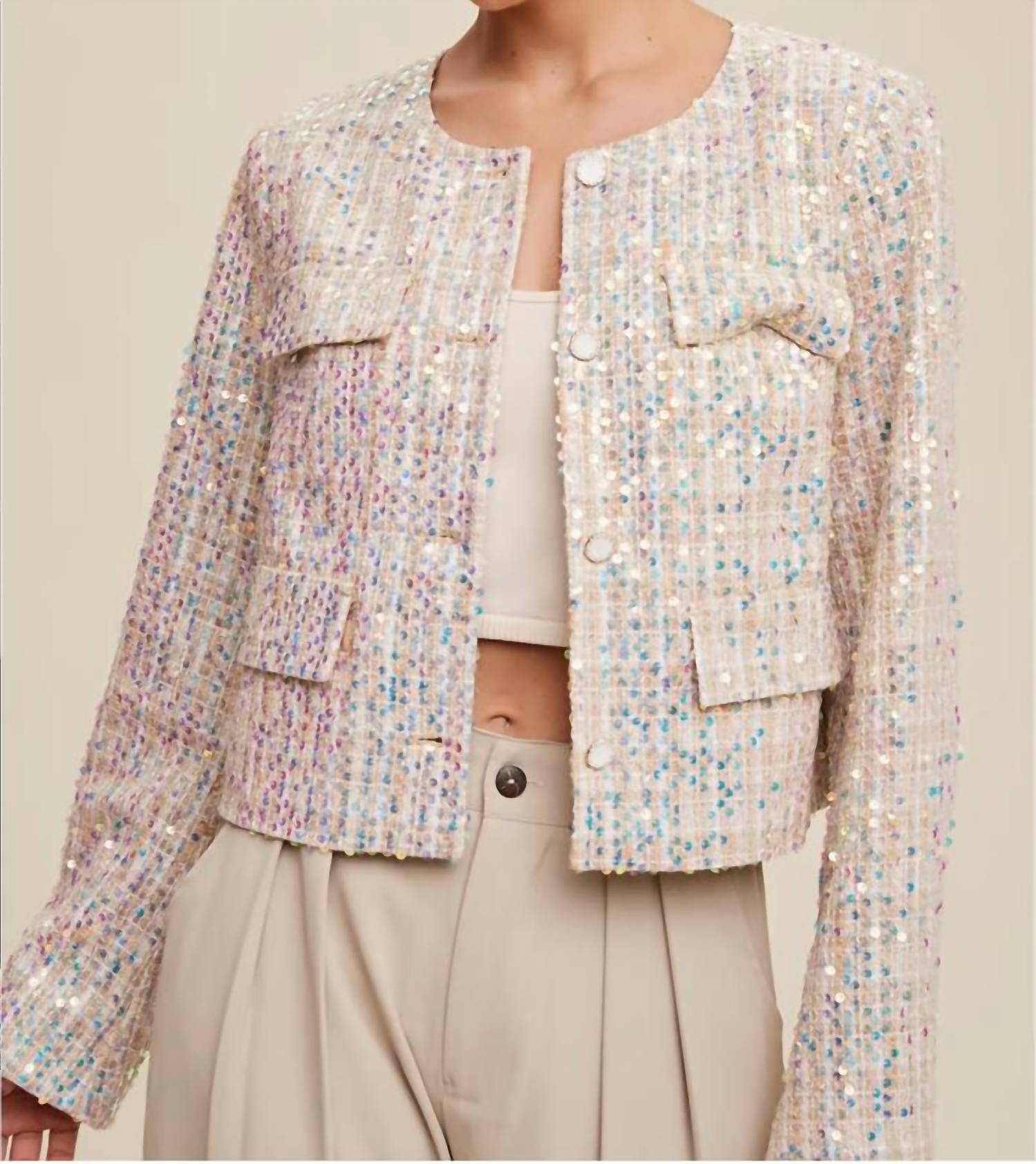 Listicle - Luxe Lights Sequin Cropped Tweed Jacket