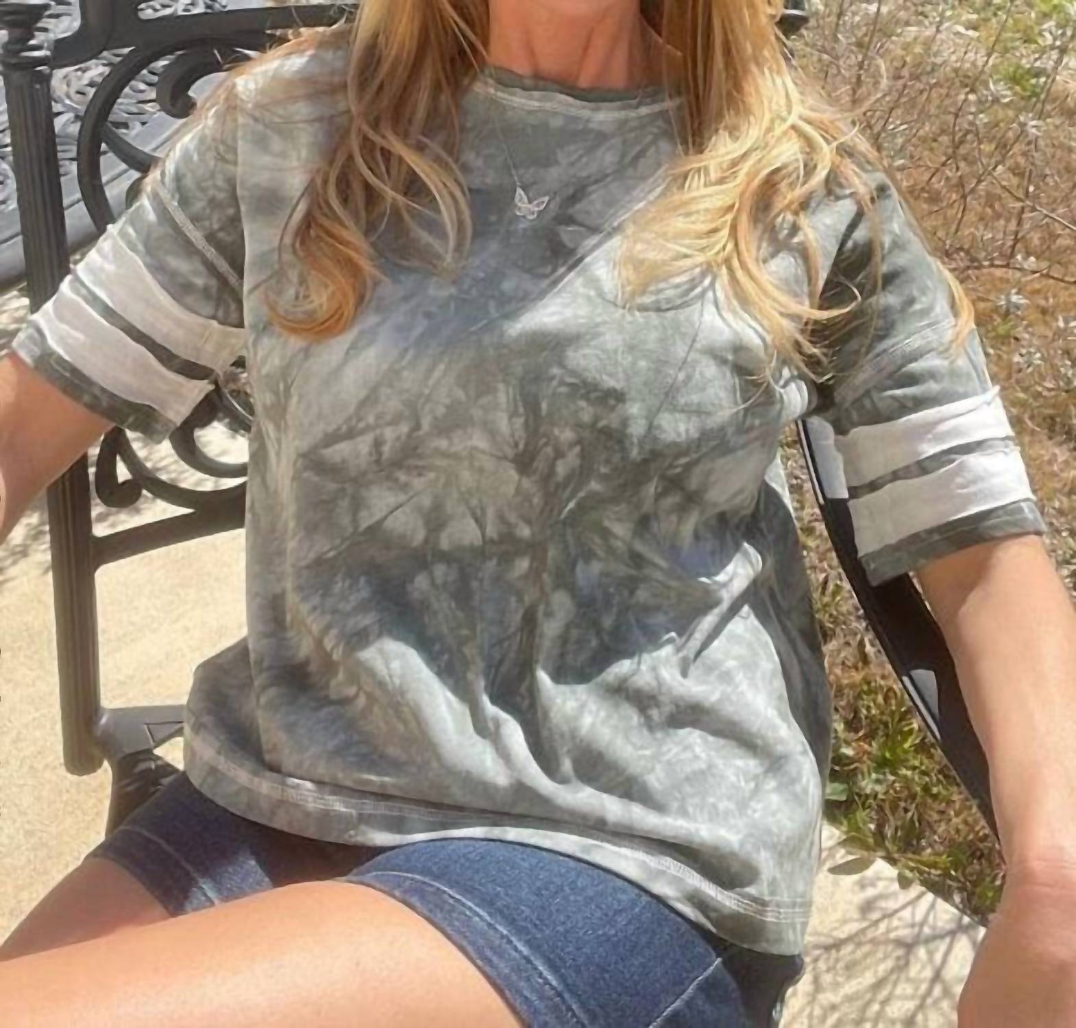 SHE + SKY Women's Short Sleeve Knit Tie Dyed Print Top in slate - women's t-shirt - detail view