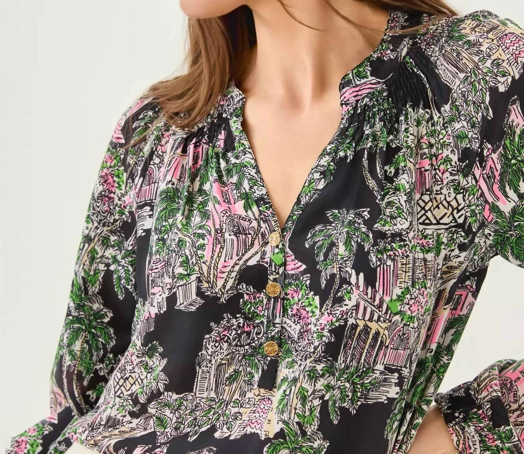 Lilly Pulitzer Elsa Silk Top in onyx pb anniversary toile - women's blouse - detail view