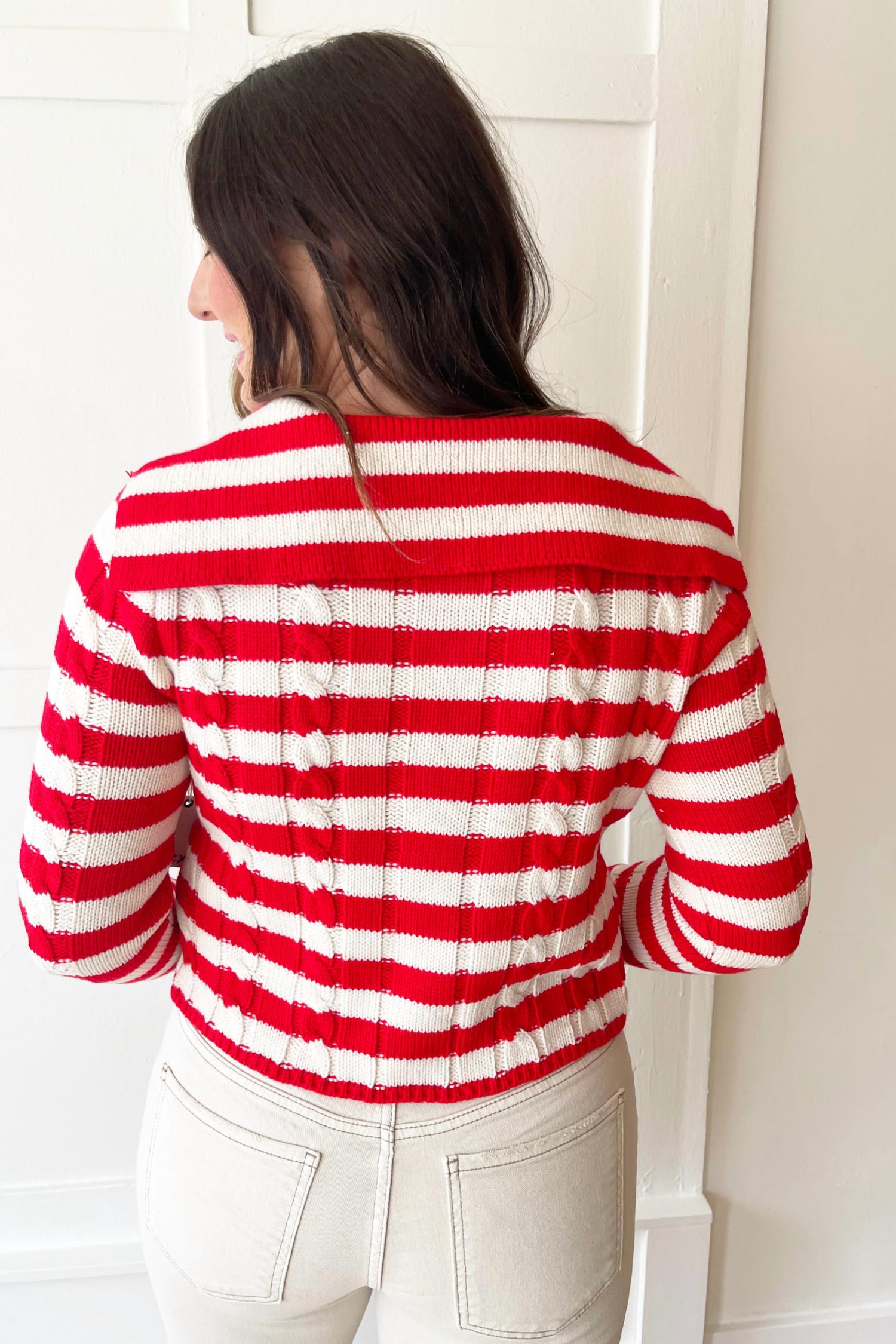 Dex Long Sleeve Knit Cardigan in scarlet cream stripe - women's cardigan - alternate view
