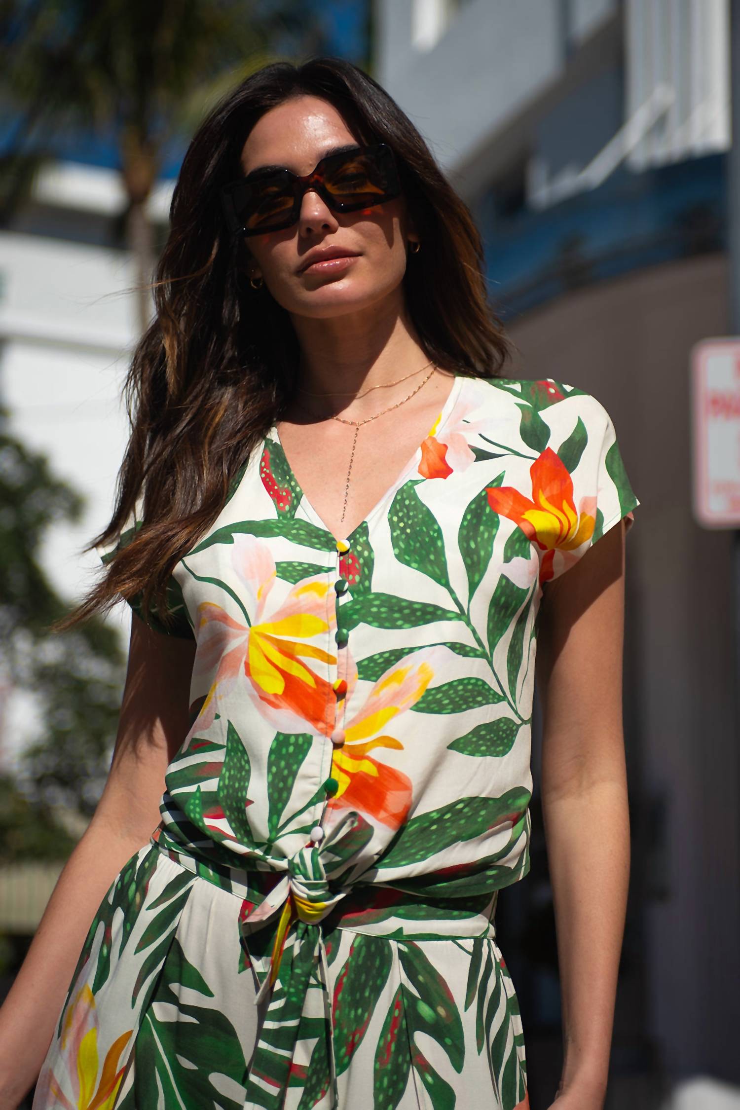 Tribal - Printed Tie-hem Button-front Blouse