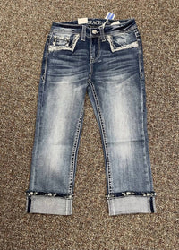 Grace In La - Cropped Embroidered Bling Stretch Cuffed Capri Jeans