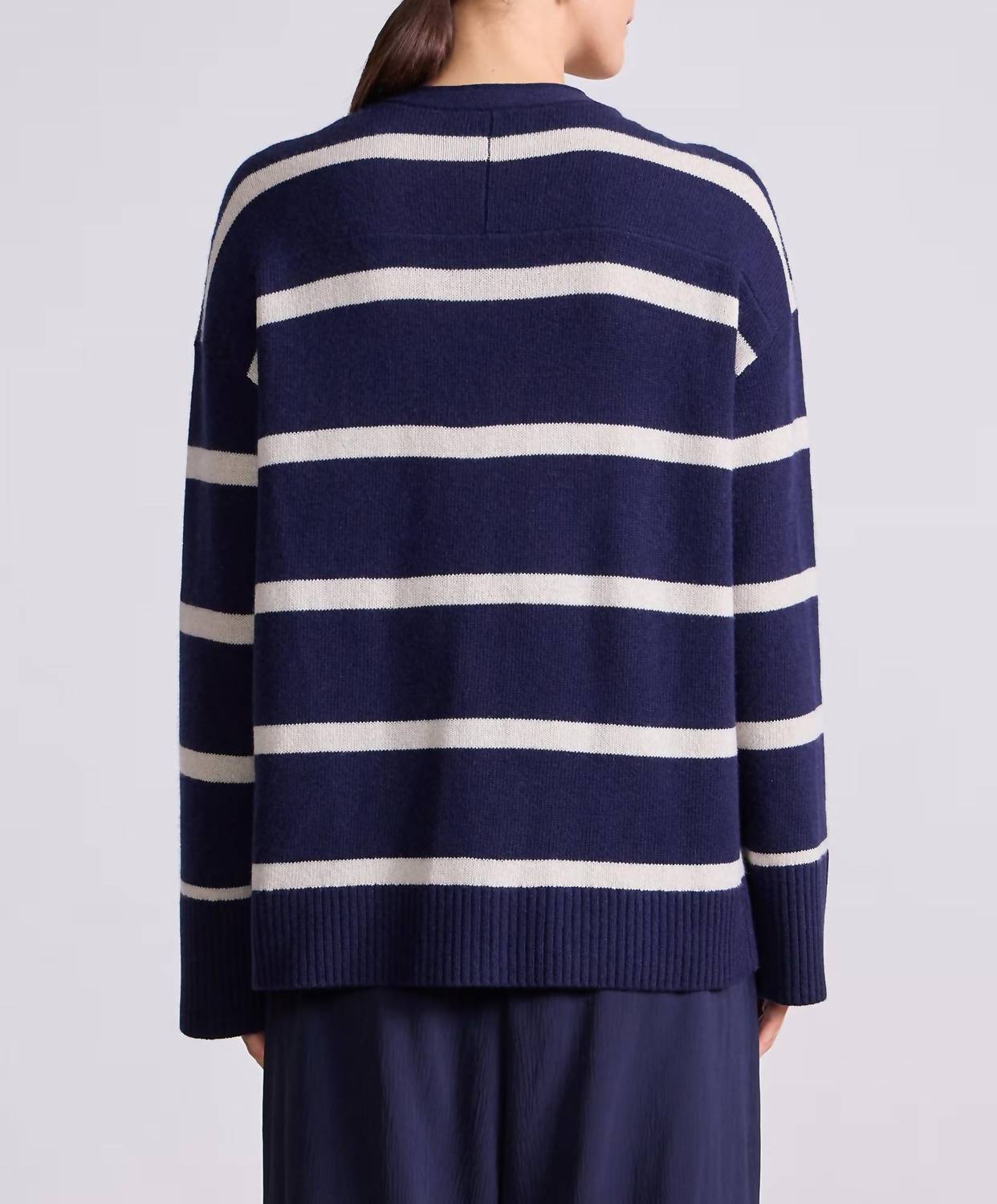 APIECE APART Ana Wrap Cardigan in navy cream stripe 1 - women's cardigan - alternate view