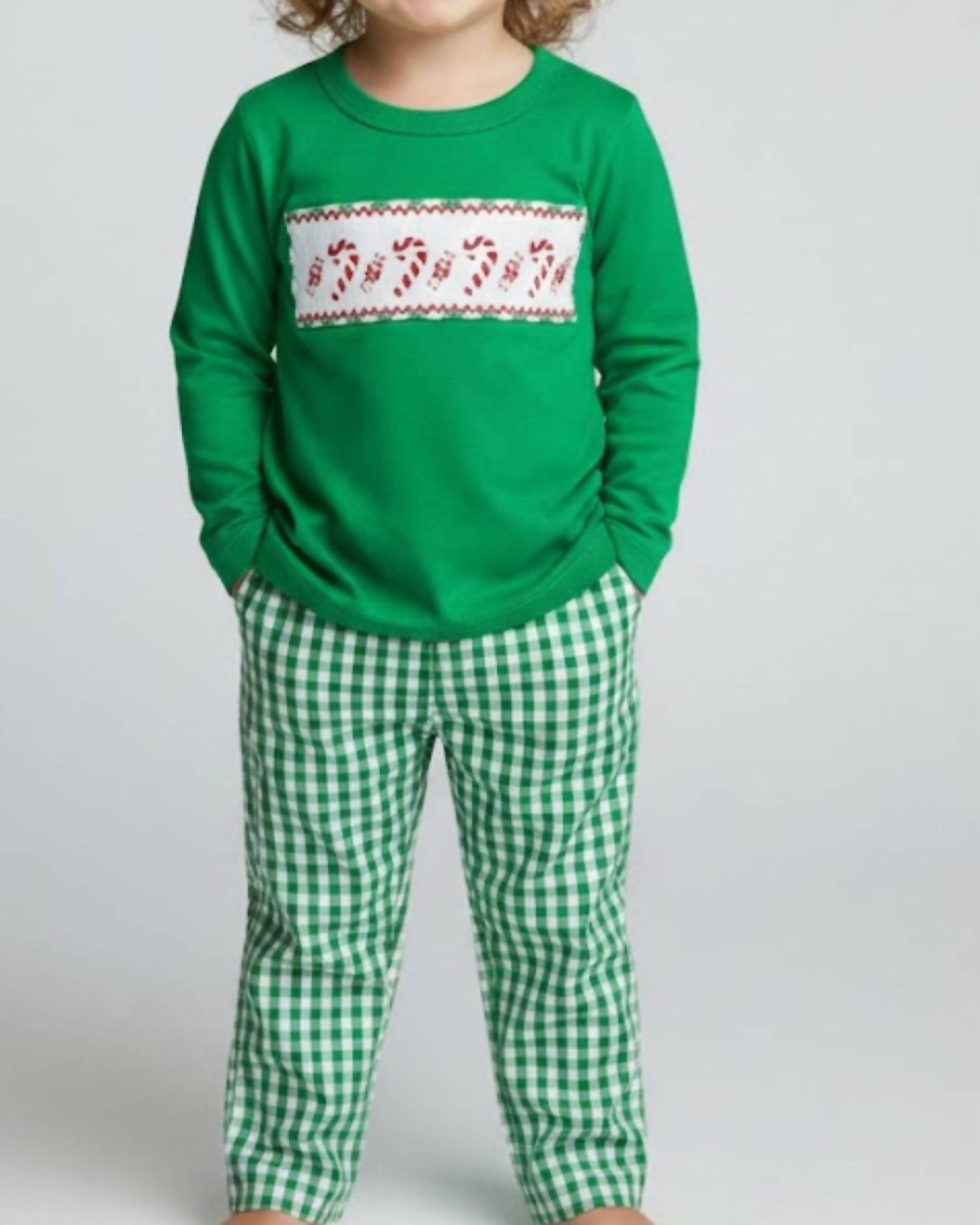 Delaney - Kid's Smocked Candy Cane Shirt Pant Set