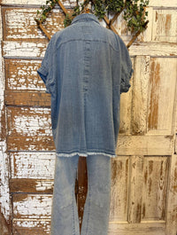 Umgee - Eyelash Trim Oversize Denim Blouse