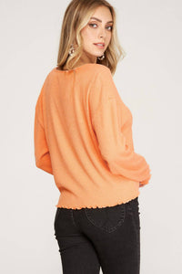 She + Sky - Long Sleeve Rib Knit Lettuce Hem V-neck Top