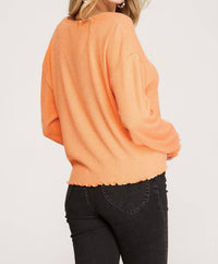She + Sky - Long Sleeve Rib Knit Lettuce Hem V-neck Top