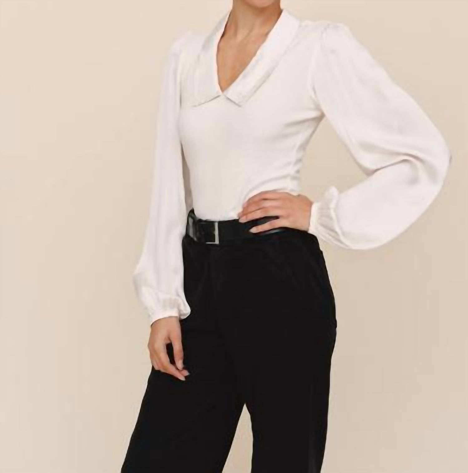 Bella Dahl Collared V-neck Top in winter white - women's top - detail view