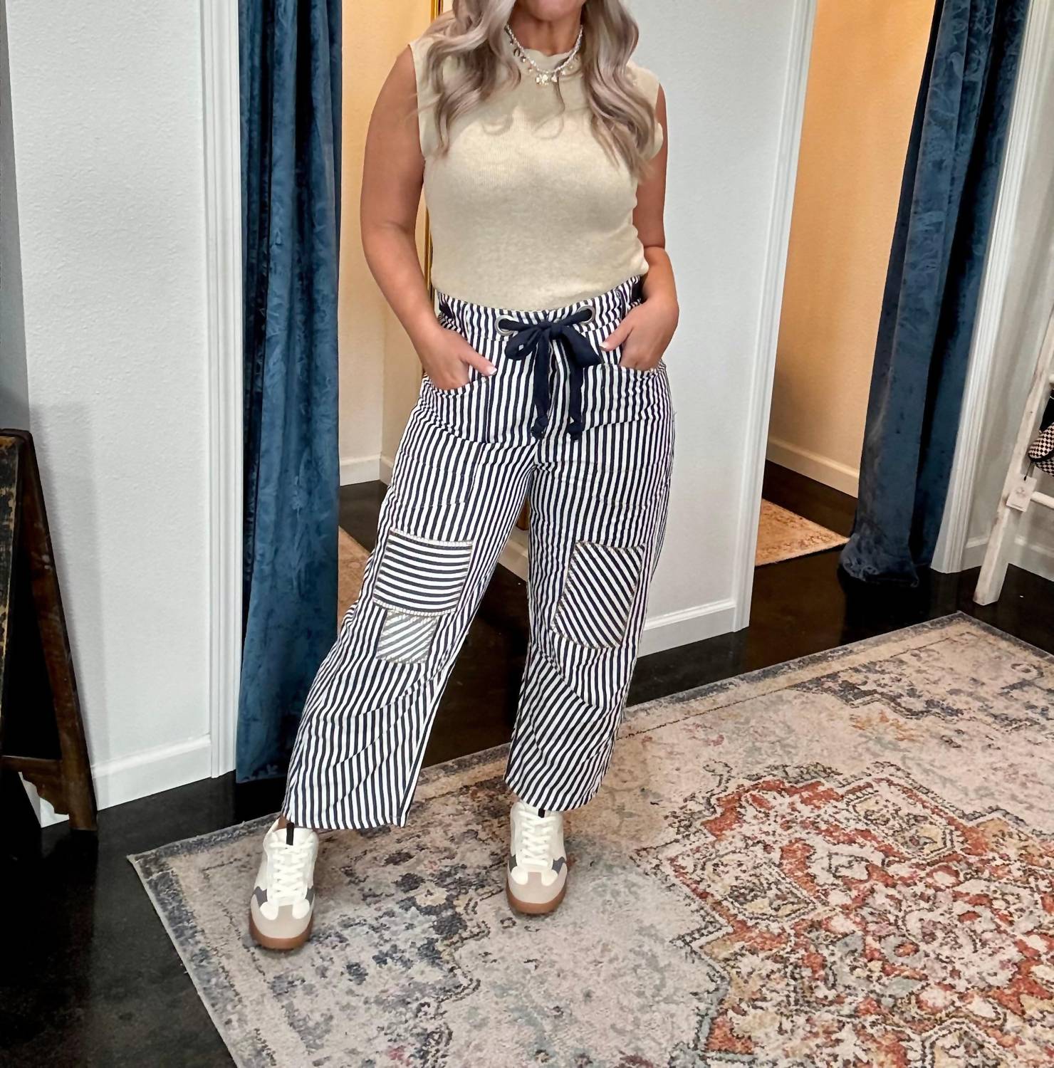 ee:some Midnight Striped Barrel Pants in blue - women's pants - detail view