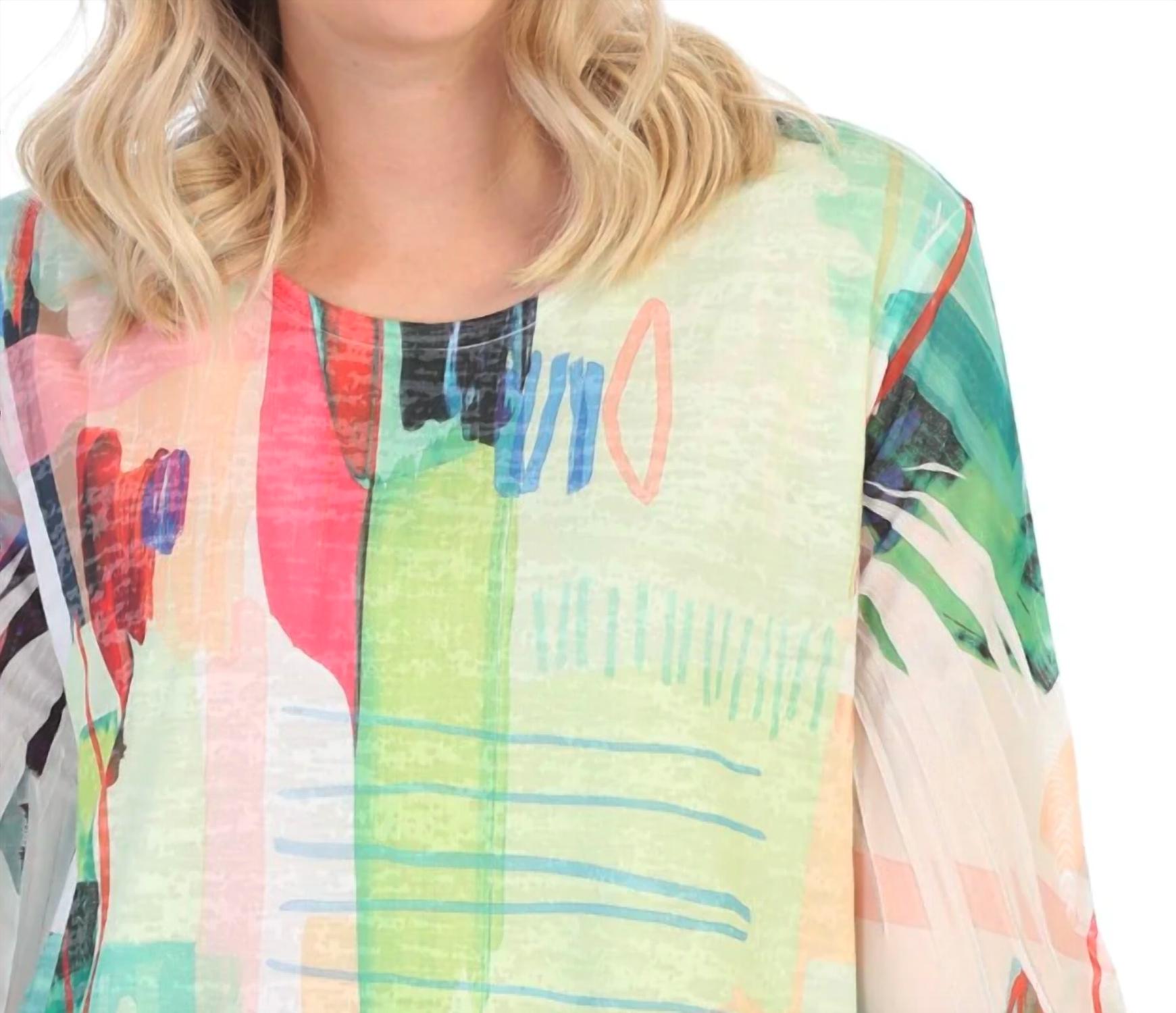 Jess & Jane Monaco Burnout Mesh Contrast Top in colorful abstract sublimation - women's blouse - alternate view