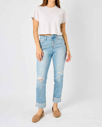 Judy Blue - Mid Rise Americana Star Pocket Cuffed Boyfriend Jeans