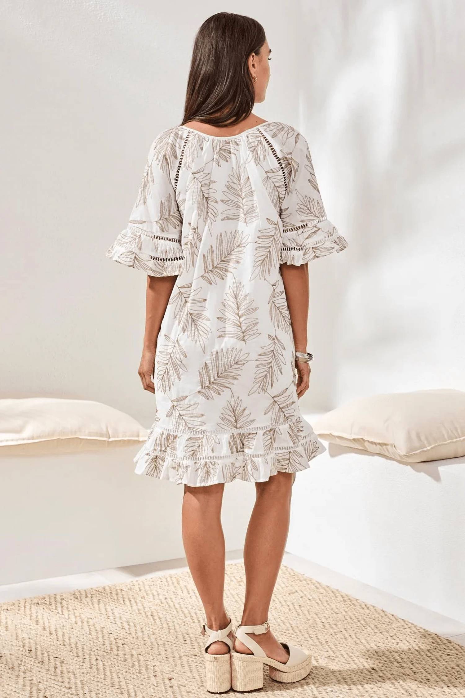 Tribal - Textured Eyelet Flutter Sleeves Midi Dress