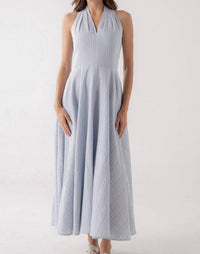 Elle Grey - V-neck Midi Stress Pinstripe Dress