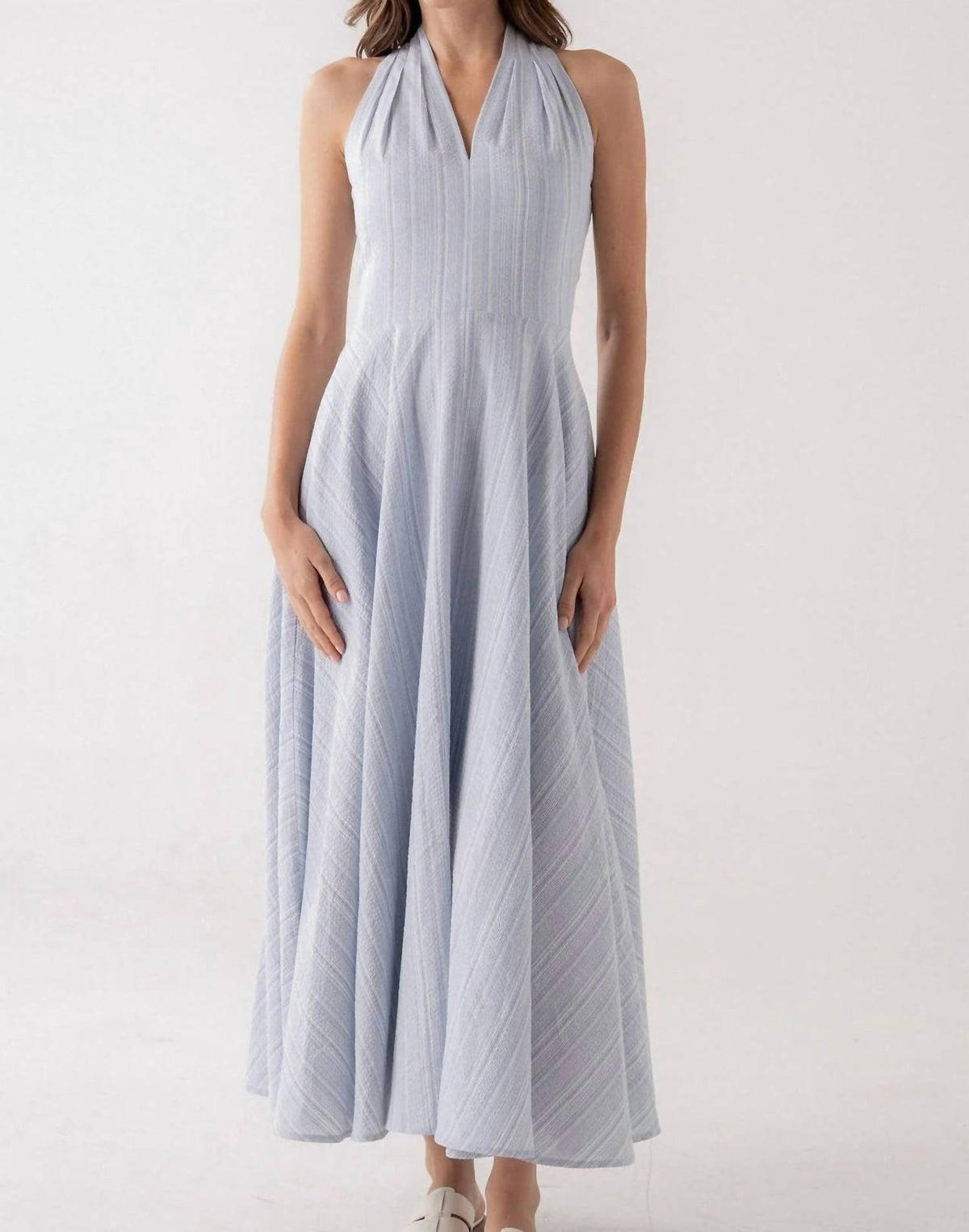Elle Grey - V-neck Midi Stress Pinstripe Dress
