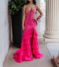 Sherri Hill Women's Chiffon Ruffle Hot Fix Skirt With Slit Prom Dress in bright fuchsia - women's dress