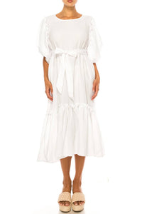 Vivid - Short Puff Sleeve Belted Tiered Skirt Dress