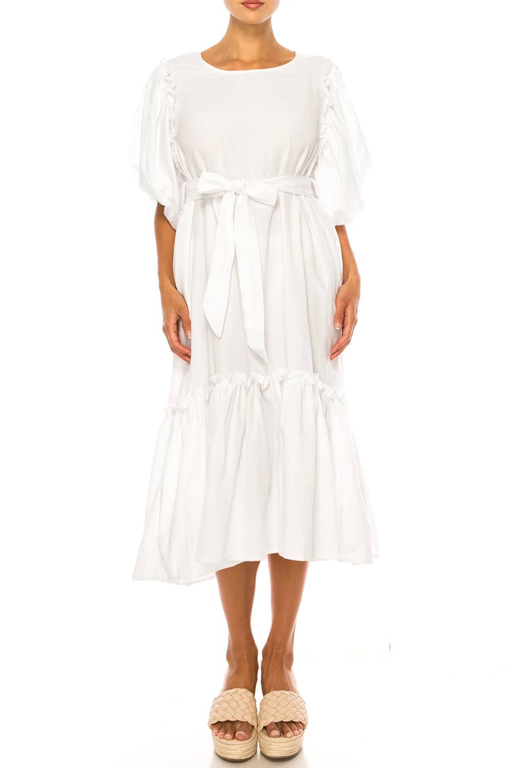 Vivid - Short Puff Sleeve Belted Tiered Skirt Dress