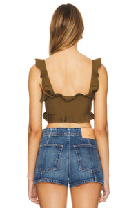 Ulla Johnson Belle Cropped Ruffle Top in militaire - women's shirt - detail view