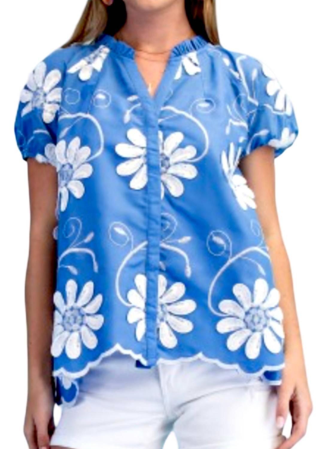 GiGiO Floral Appliqué And Embroidered V-neck Top in blue white - women's blouse