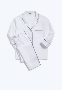 Sleepy Jones Marina Pajama Set in white navy hem - women's sleepwear - detail view