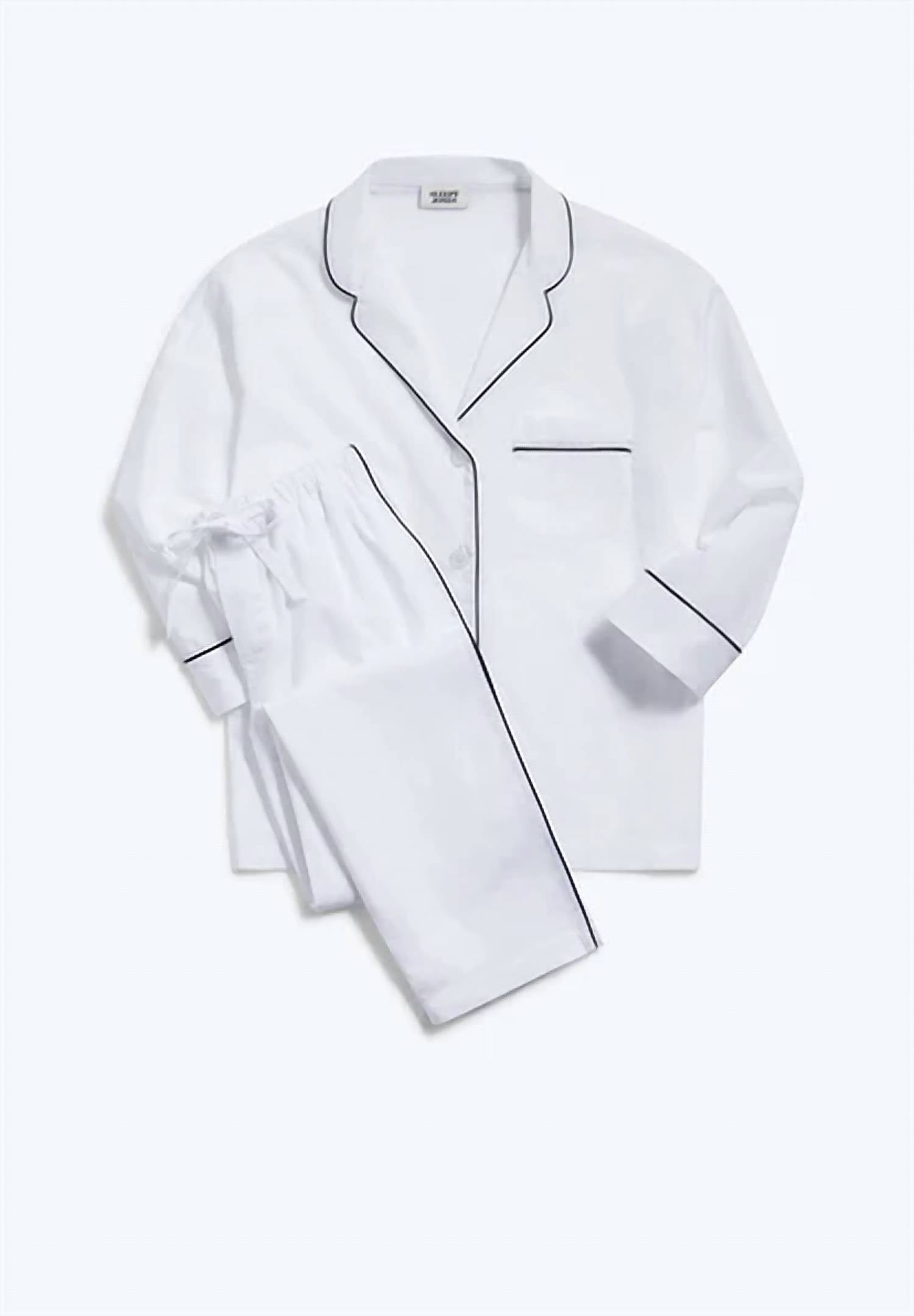 Sleepy Jones Marina Pajama Set in white navy hem - women's sleepwear - detail view