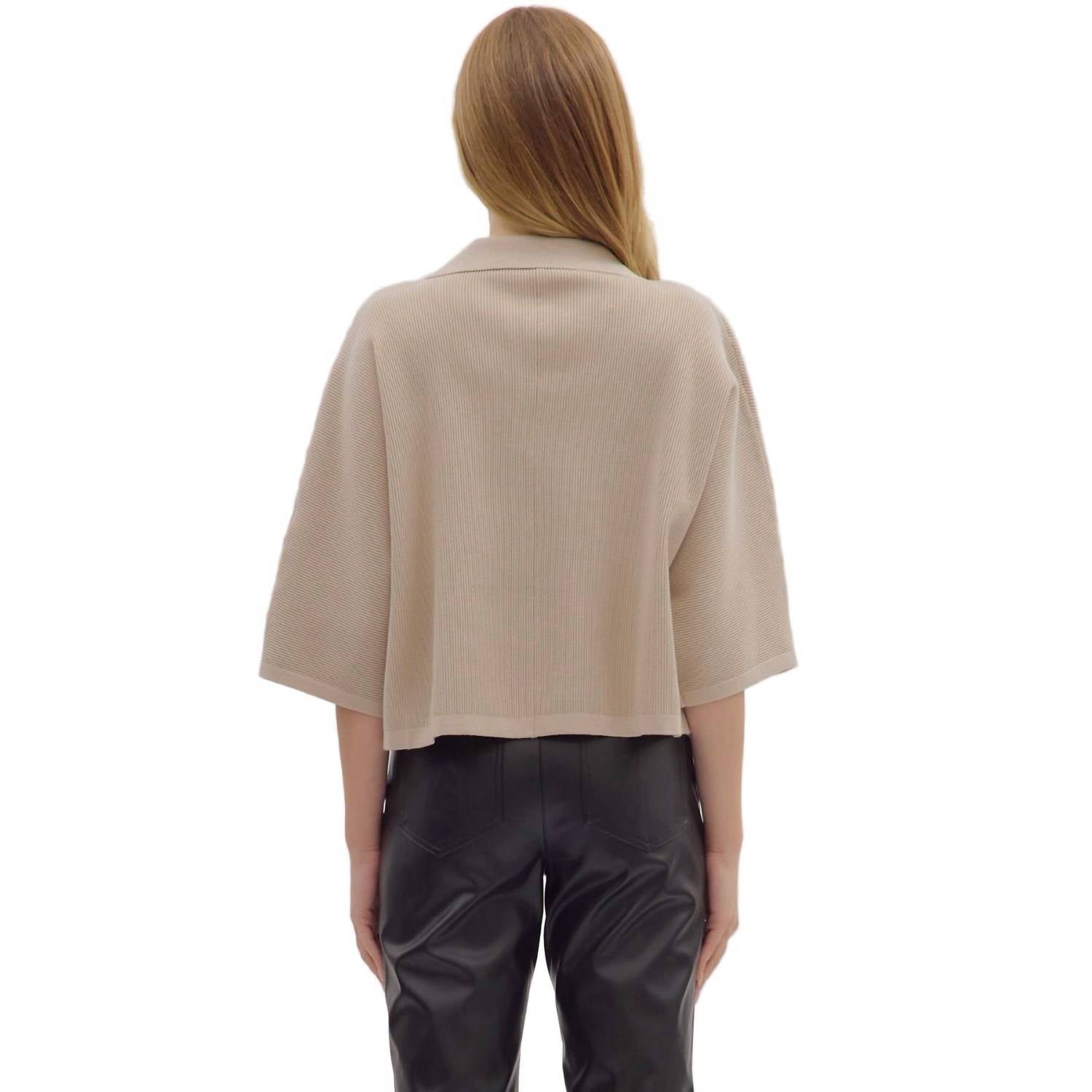 entro Solid 3/4 Sleeve V Neck Collar Knit Top in stone - women's sweater - view 4
