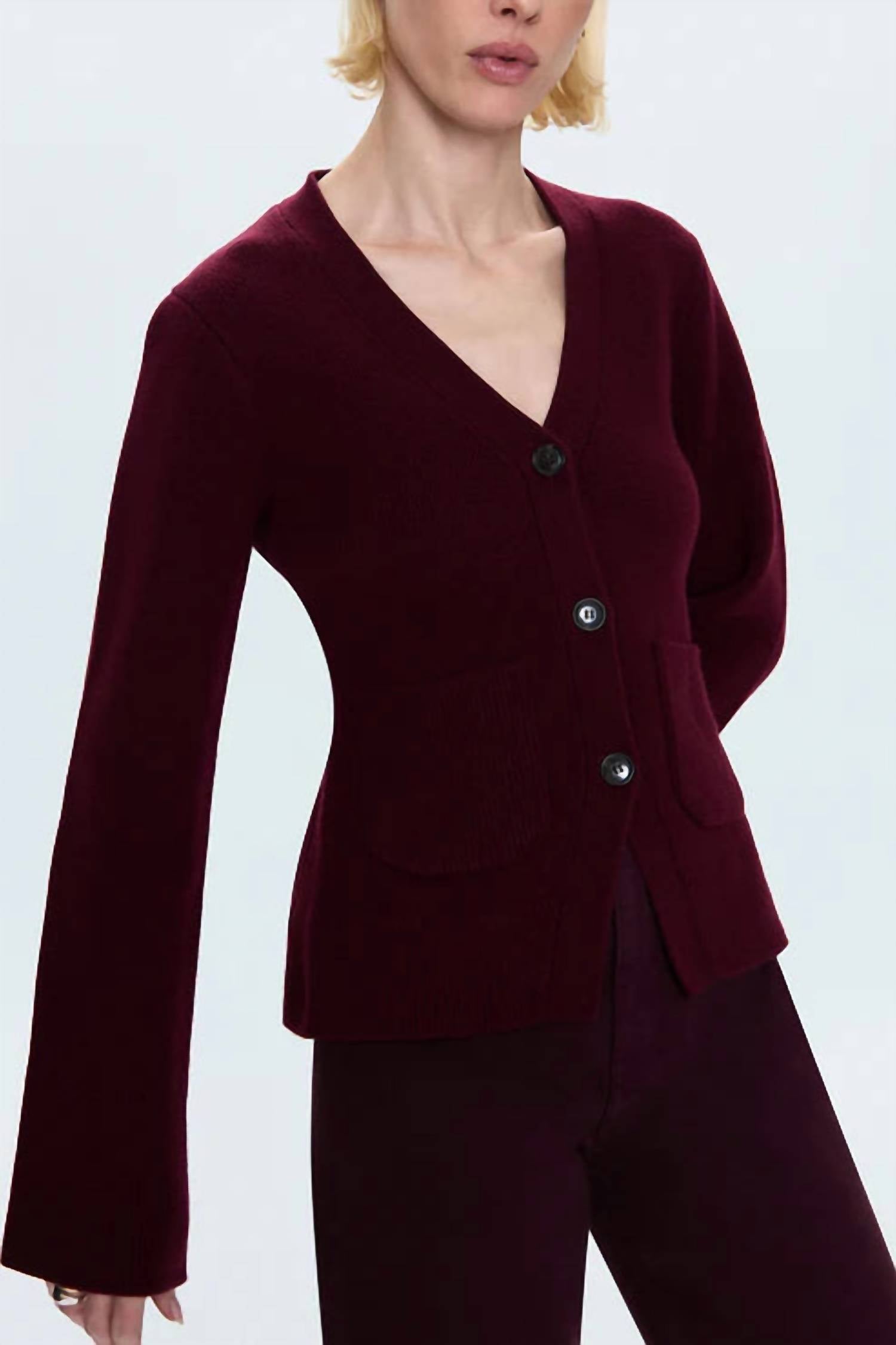 PISTOLA Aeron Cardigan in claret 3 - women's cardigan - detail view
