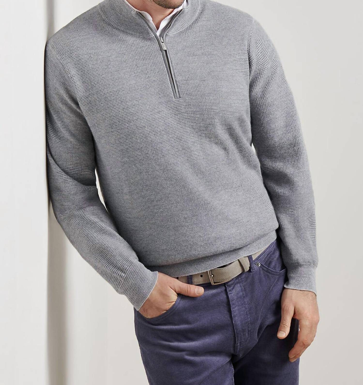 PETER MILLAR West Quarter Zip Sweater in british grey - men's sweater