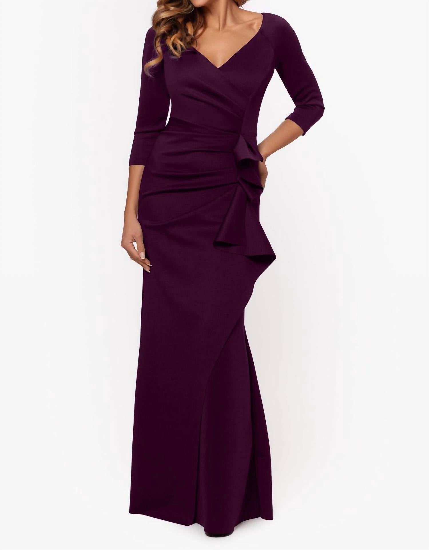 Xscape Lexi Side-slit Scuba V-neck Party Dress in plum - women's dress
