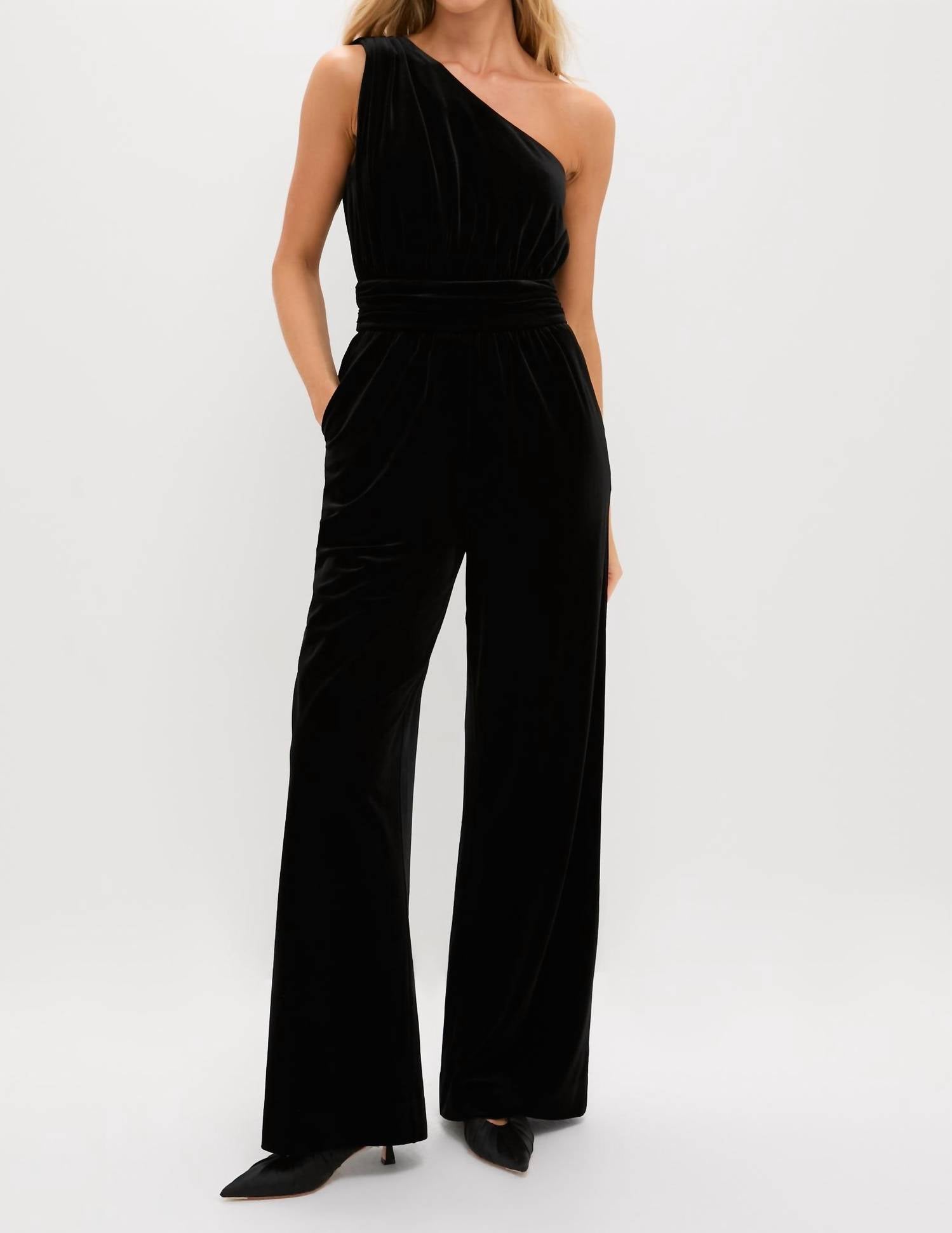 Hyacinth House Velvet One-shoulder Jumpsuit in black - women's pants