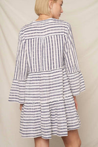 En Creme - 3/4 Sleeve Striped Tiered Mini Dress