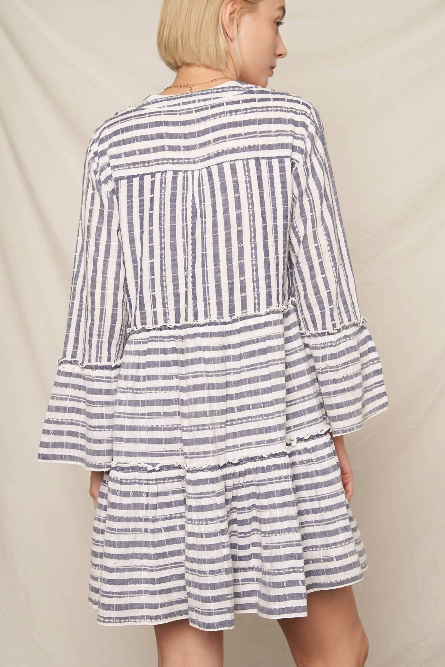 En Creme - 3/4 Sleeve Striped Tiered Mini Dress
