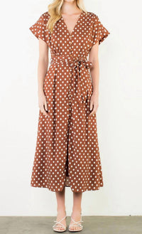 THML Short Sleeve Polka Dot Midi Dress in brown - women's dress