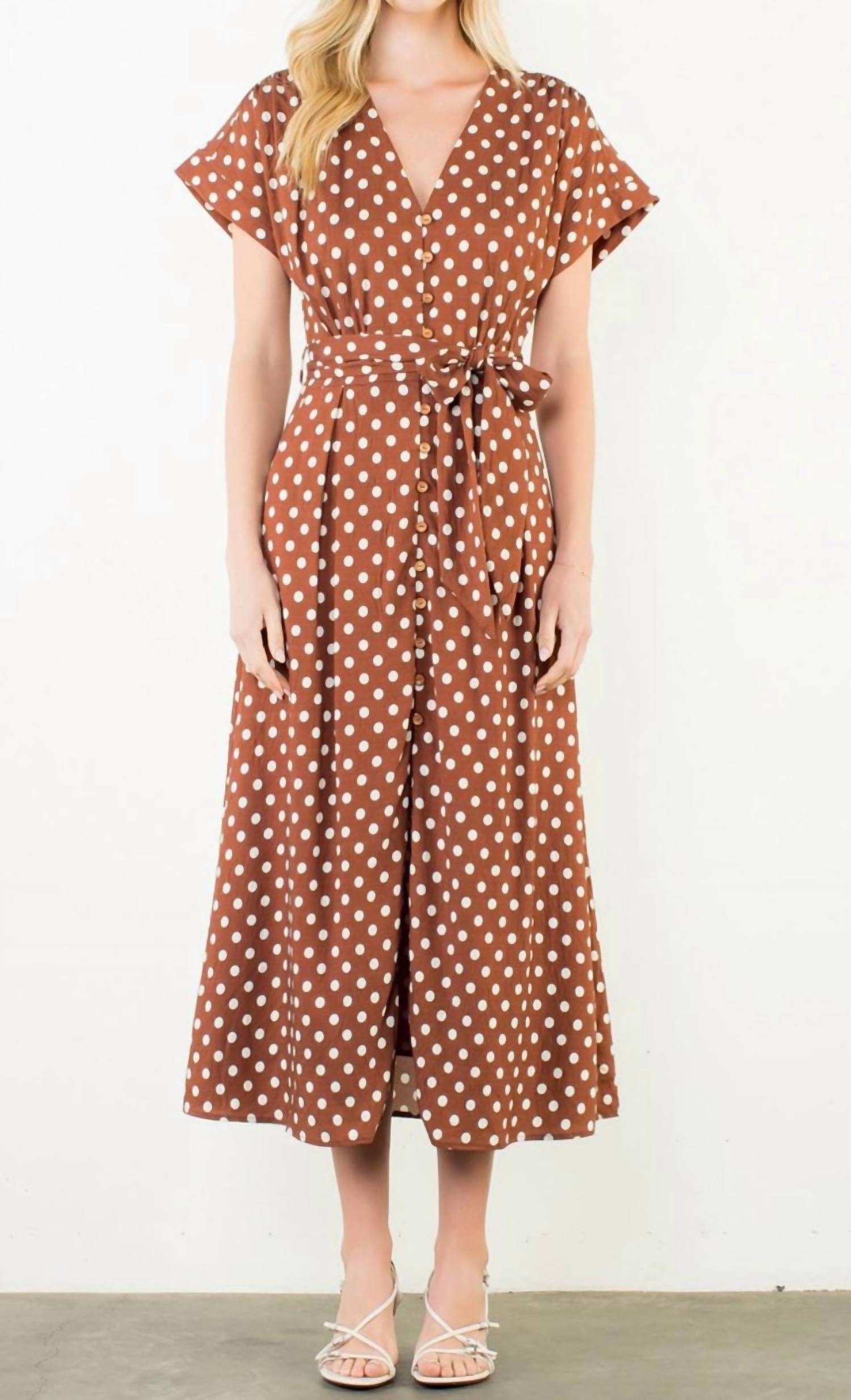 THML Short Sleeve Polka Dot Midi Dress in brown - women's dress