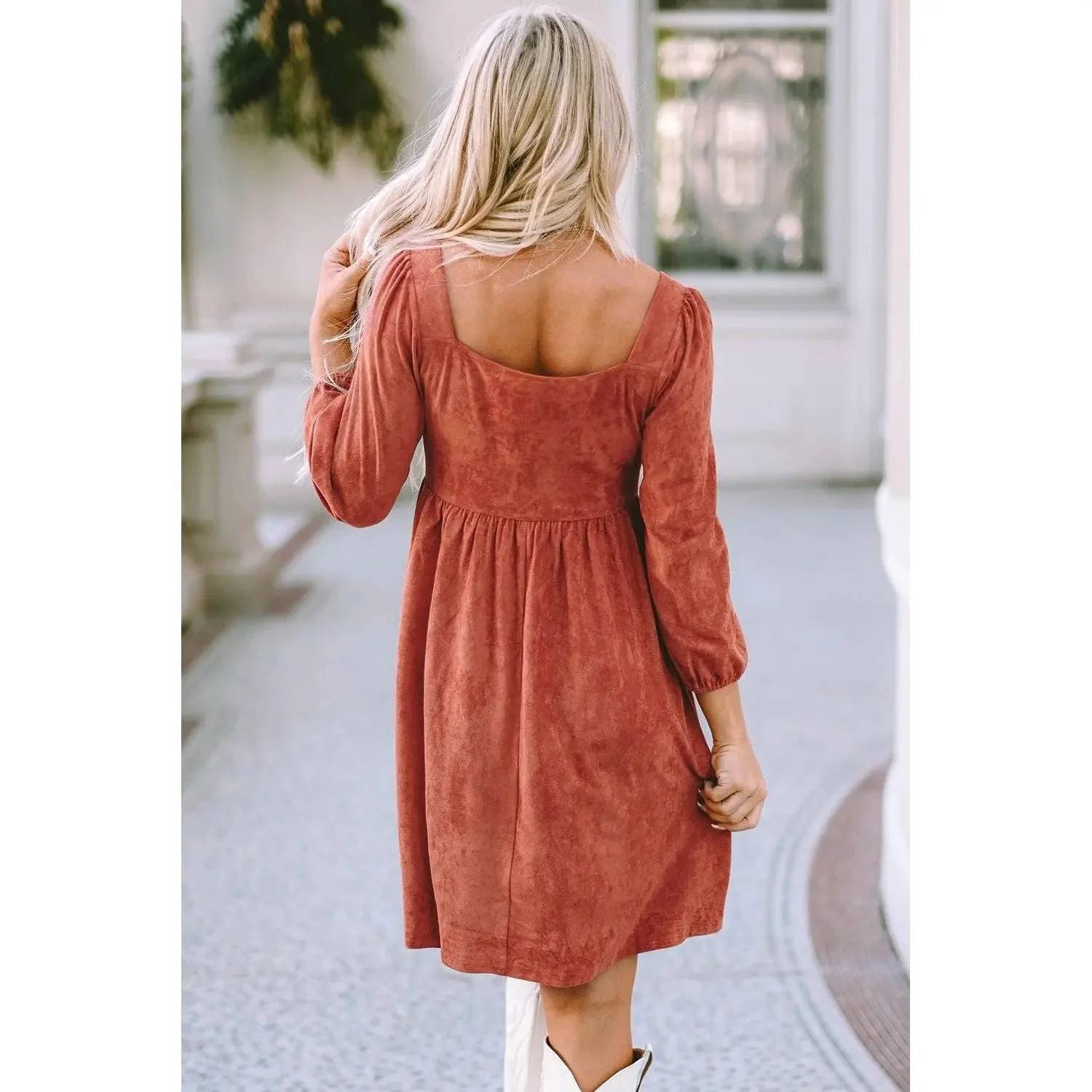 Dear Lover - Suede Square Neck Puff Sleeve Dress