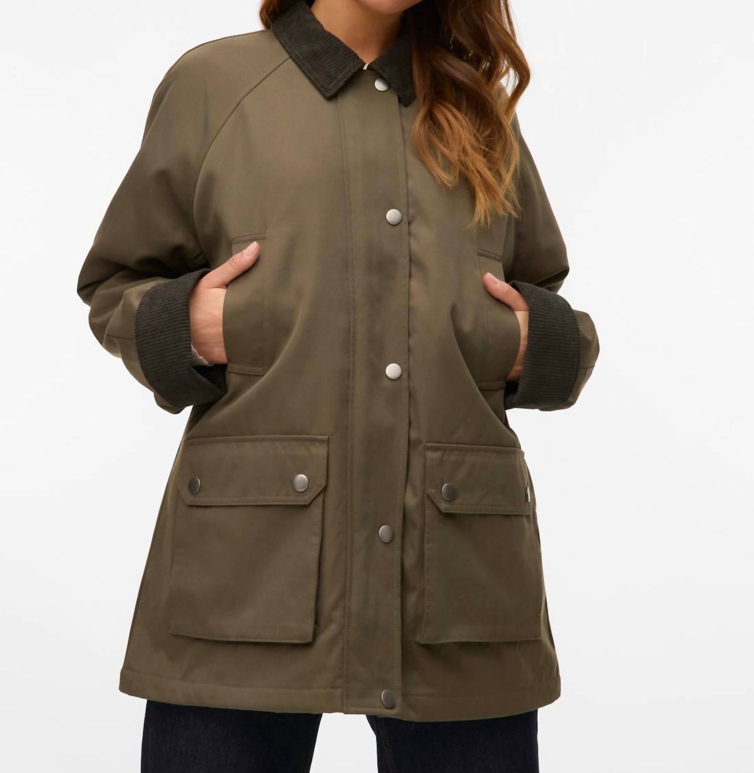 VERO MODA CORDUROY DETAIL BARN JACKET in olive - women's jacket - alternate view