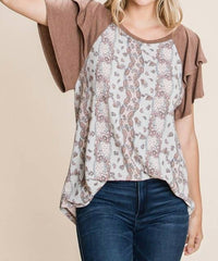 Emerald Collection Floral Paisley Tiered Sleeves Top in brown - women's blouse - view 4