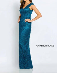 Cameron Blake - Lace Cap Sleeve Evening Gown