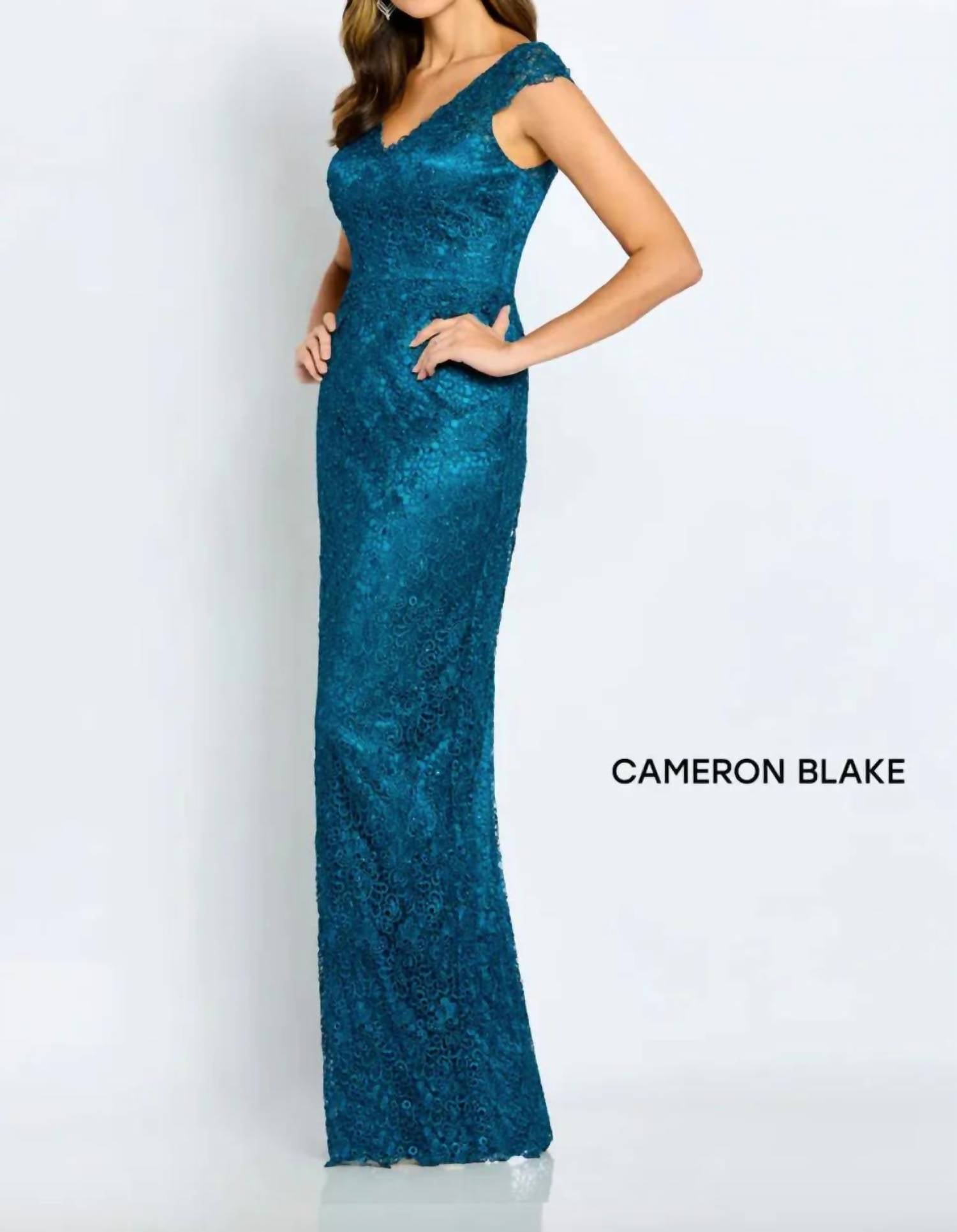 Cameron Blake - Lace Cap Sleeve Evening Gown