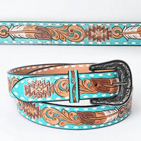 American Darling Women's Tooled Leather Western Belt in turquoise aztec and feathers - women's accessory - view 4