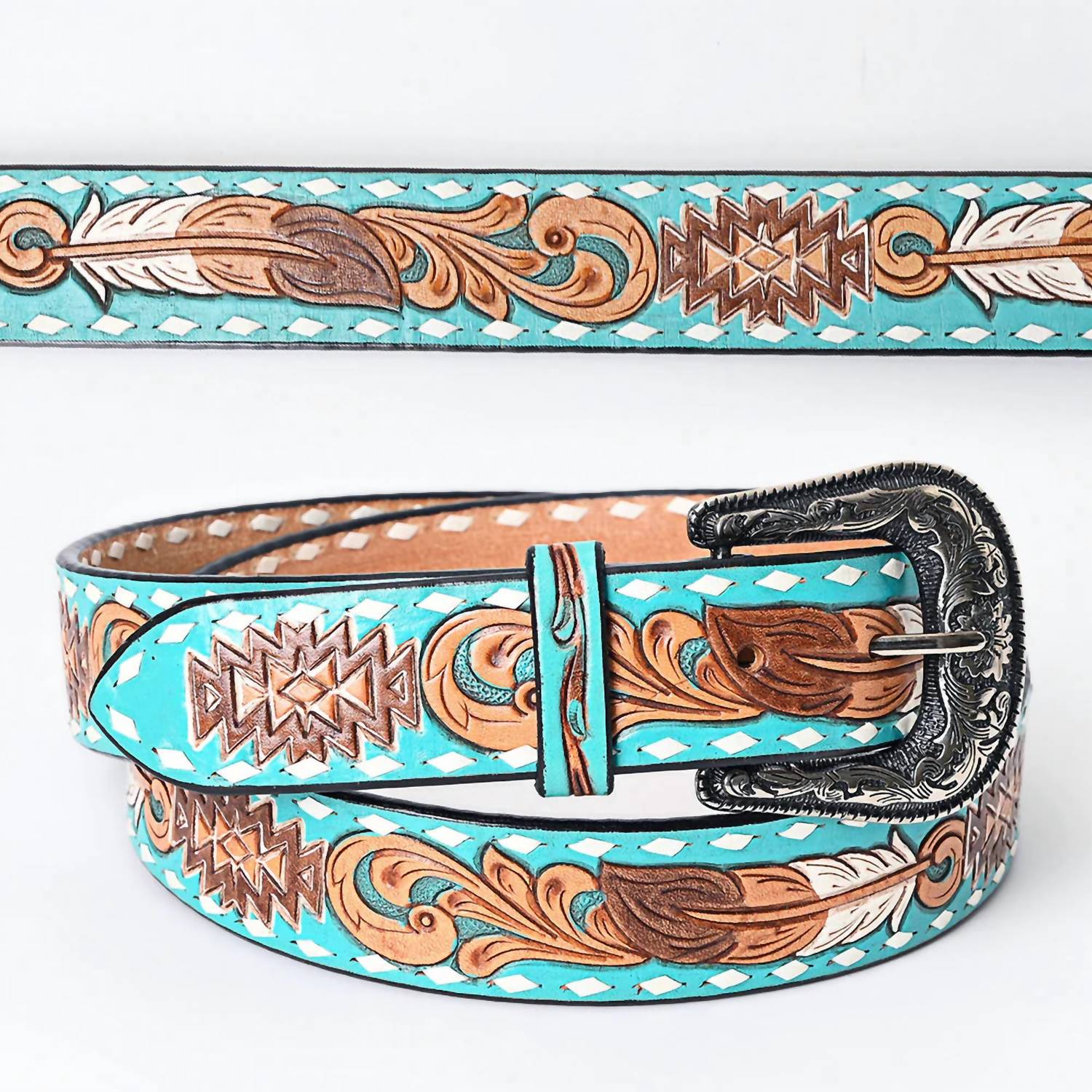American Darling Women's Tooled Leather Western Belt in turquoise aztec and feathers - women's accessory - view 4