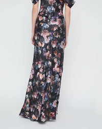 L'Agence Kenna Floral Print Cold Shoulder Silk Maxi Dress in black multi vintage oil flower - women's dress - detail view