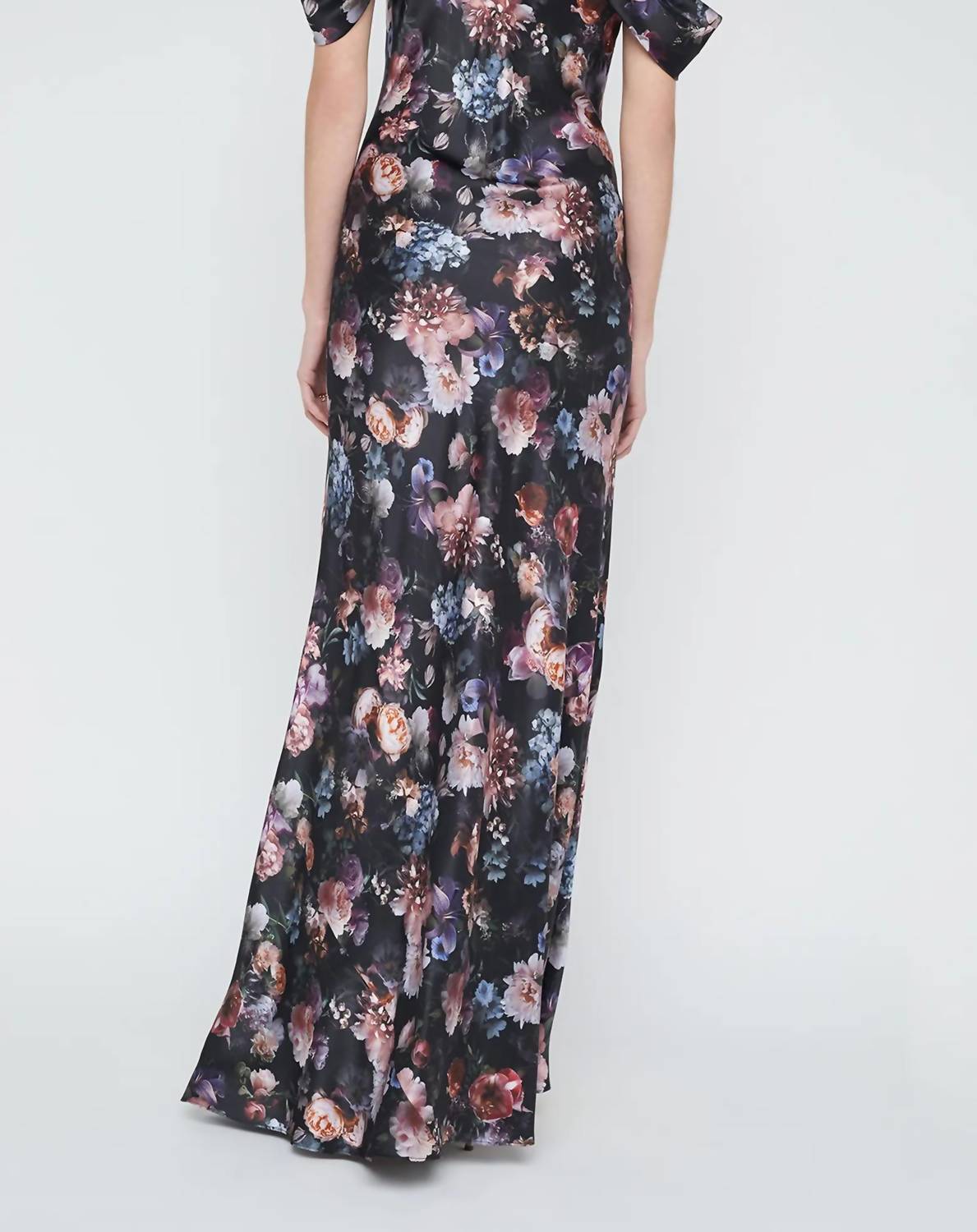 L'Agence Kenna Floral Print Cold Shoulder Silk Maxi Dress in black multi vintage oil flower - women's dress - detail view