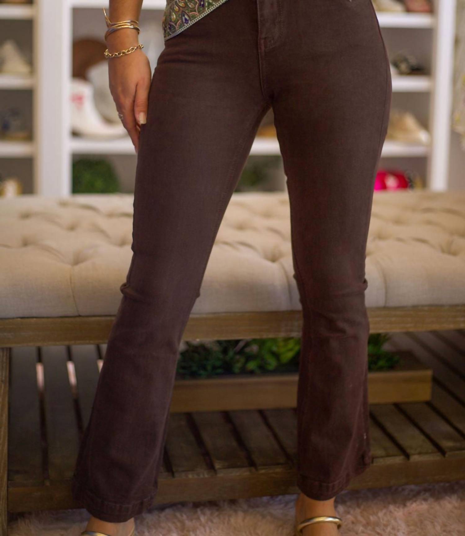 Q2 Skinny Flared Jeans With Double Button Detail in brown - women's jeans - detail view