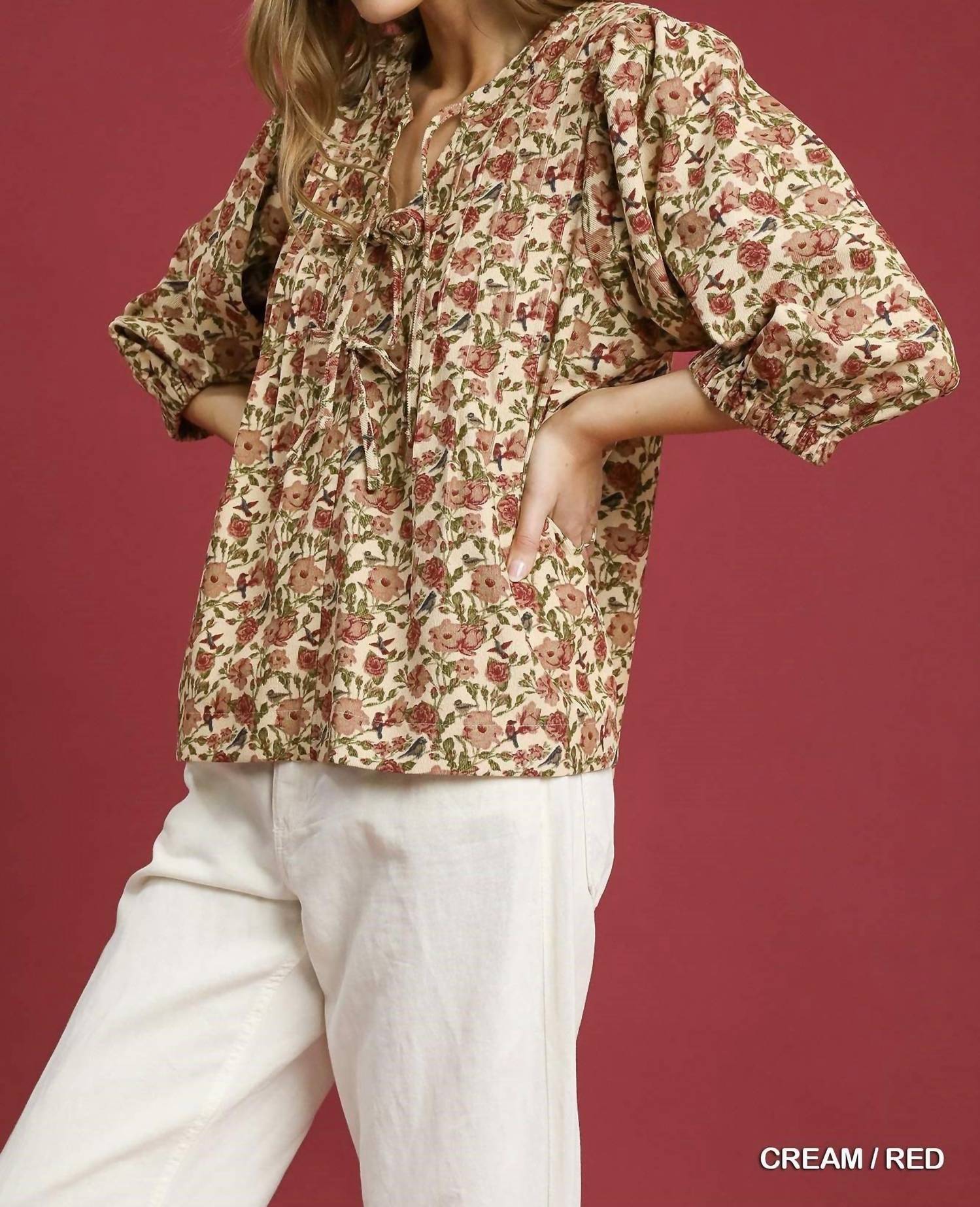 Umgee - Vintage Floral Pintuck Top